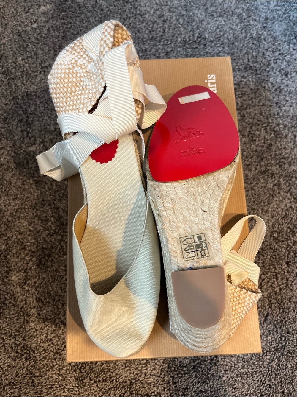 Christian Louboutin Cream Raffia Espadrille Wedges with Red Soles